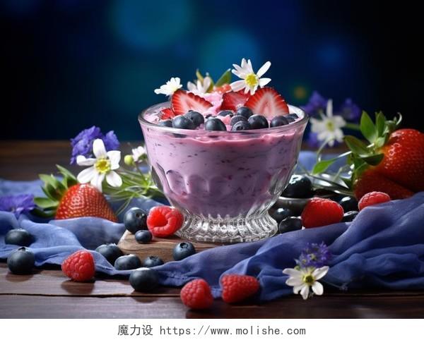 草莓酸奶新鲜水果酸甜可口食物蔬果美食浆果美味蓝莓